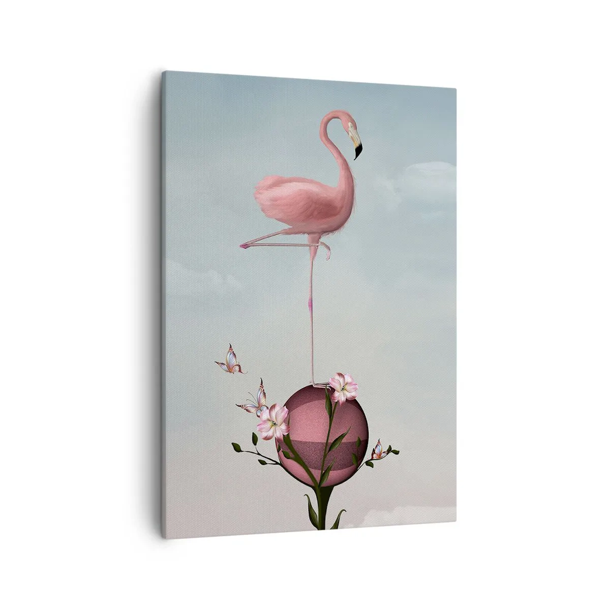 Quadro su tela - Stampe su Tela - Un fenicottero rosa in equilibrio su una palla di fiori - 50x70cm - Allegoria della palla da basket - Decorazione murale moderna per soggiorno e camera da letto ARTTOR