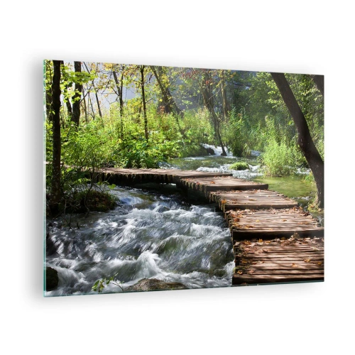 Quadro su vetro - Un ponte di legno sopra un ruscello impetuoso - 70x50cm - Sulla cascata spumeggiante - Decorazione murale moderna per soggiorno e camera da letto ARTTOR