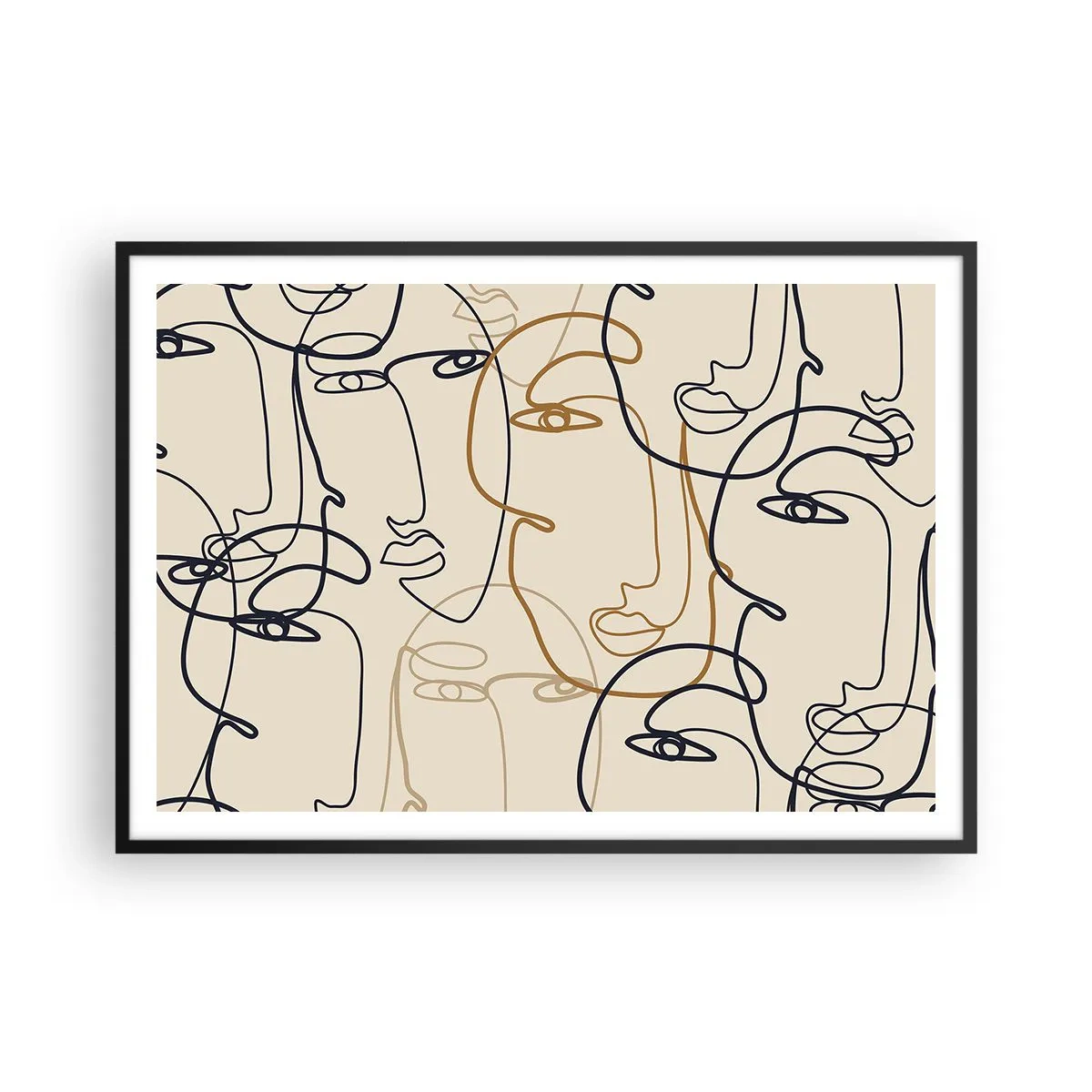 Poster in cornice nera - Volti minimalisti in stile line art su sfondo chiaro - 100x70cm - Ritratto multiplo - Decorazione murale moderna per soggiorno e camera da letto ARTTOR