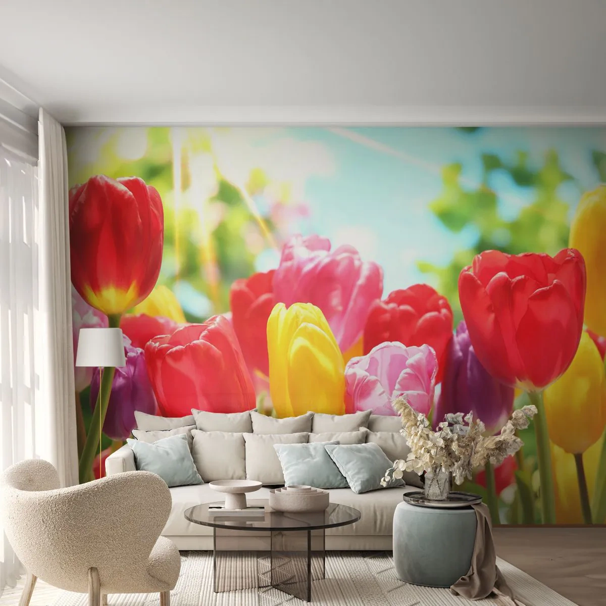 Fotomurali Premium Sand - Eccoci, i colori di maggio! - Fiori, Tulipani, Giardino - 100x70 cm