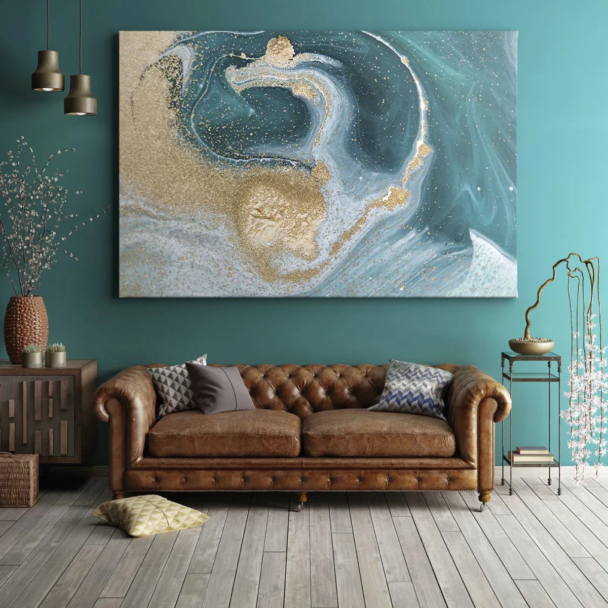 Quadro su tela - Stampe su Tela - Vortice astratto nei toni del turchese e dell'oro - 120x80cm - Vortice di oro e turchese - Decorazione murale moderna per soggiorno e camera da letto ARTTOR