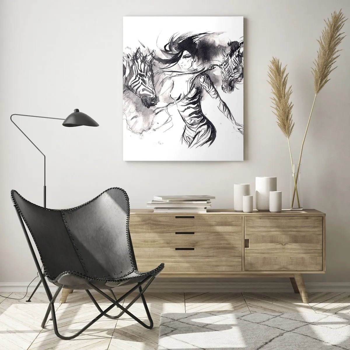 Quadro su vetro - Composizione in bianco e nero con una donna e una zebra in stile artistico - 50x70cm - Ballando con le zebre - Decorazione murale moderna per soggiorno e camera da letto ARTTOR