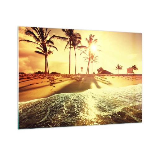 Quadro su vetro - Spiaggia dorata con palme al tramonto e mare calmo - 100x70cm - Pomeriggio in California - Decorazione murale moderna per soggiorno e camera da letto ARTTOR