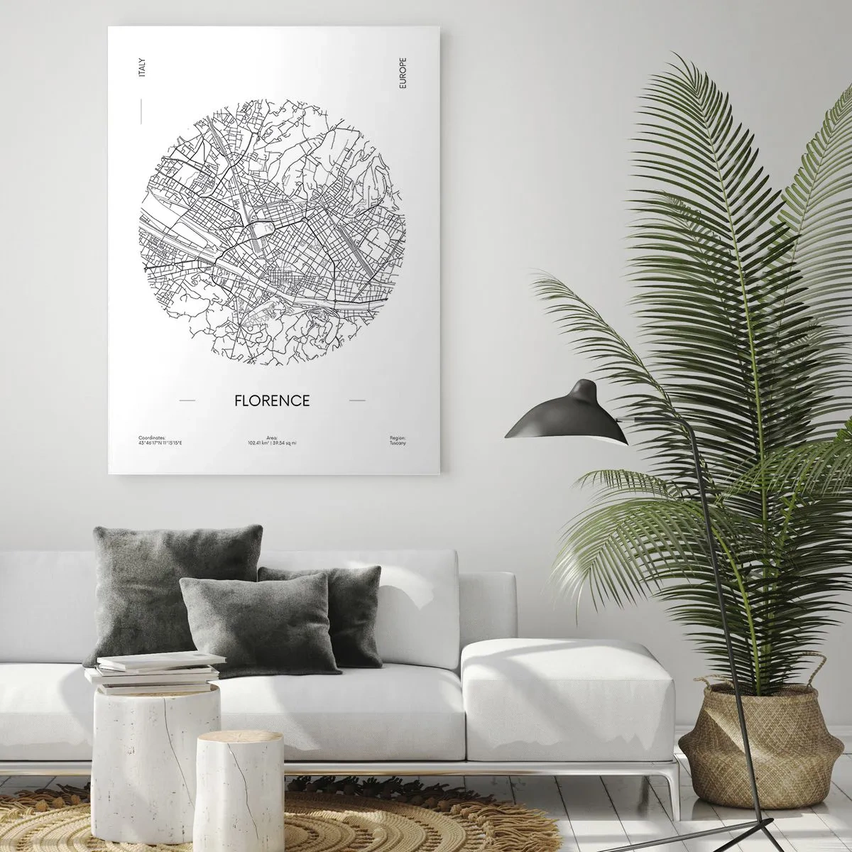 Quadro su vetro - Una mappa di Firenze in stile minimalista in bianco e nero - 80x120cm - Anatomia di Firenze - Decorazione murale moderna per soggiorno e camera da letto ARTTOR