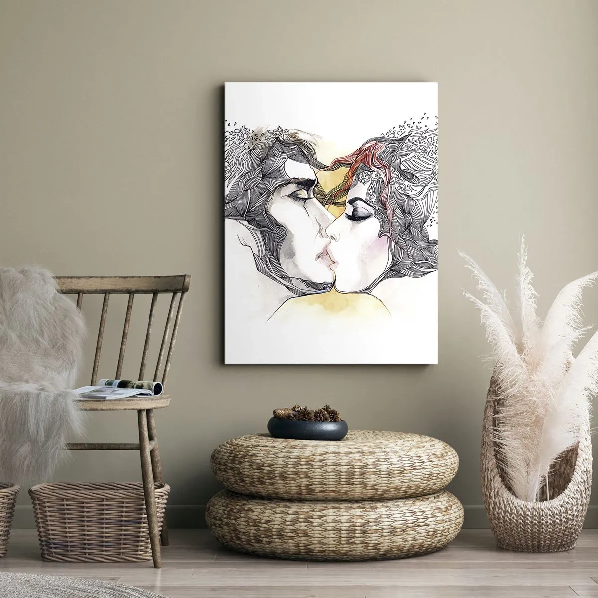 Quadro su tela - Stampe su Tela - Ritratto artistico di una coppia con motivi astratti sui capelli - 50x70cm - E il mondo scompare - Decorazione murale moderna per soggiorno e camera da letto ARTTOR