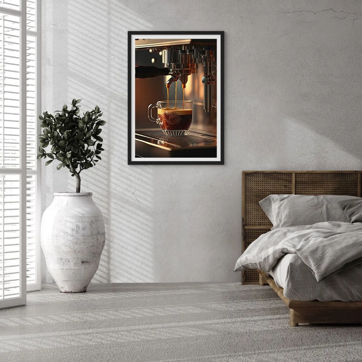 Poster in cornice nera - Una macchina per il caffè che versa l'espresso in una tazza - 50x70cm - Miscela sensuale - Decorazione murale moderna per soggiorno e camera da letto ARTTOR