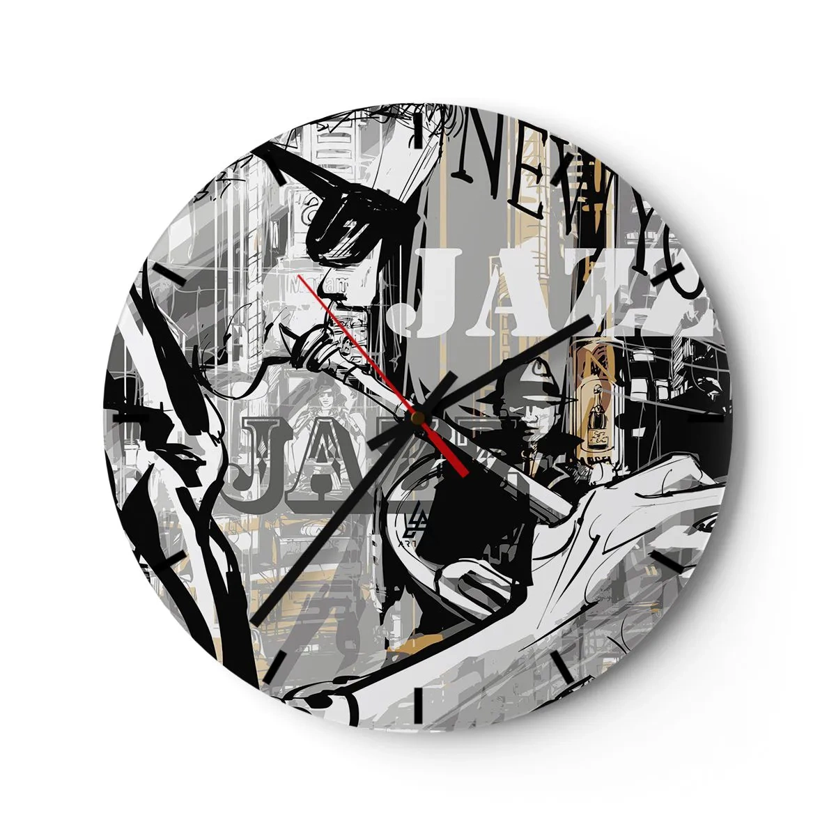 Orologio da parete - Orologio in Vetro - Un tema jazz elegante con un musicista sullo sfondo di una scena cittadina. - 30x30cm - Al ritmo di New York - Decorazione murale moderna per soggiorno, cucina e camera da letto ARTTOR