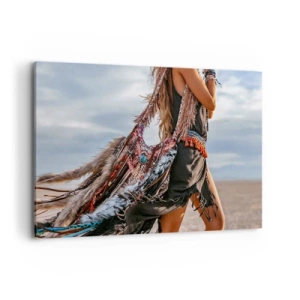 Quadro su tela - Stampe su Tela - Una donna in stile boho con dettagli di piume e gioielli - 120x80cm - La donna dello sciamano - Decorazione murale moderna per soggiorno e camera da letto ARTTOR