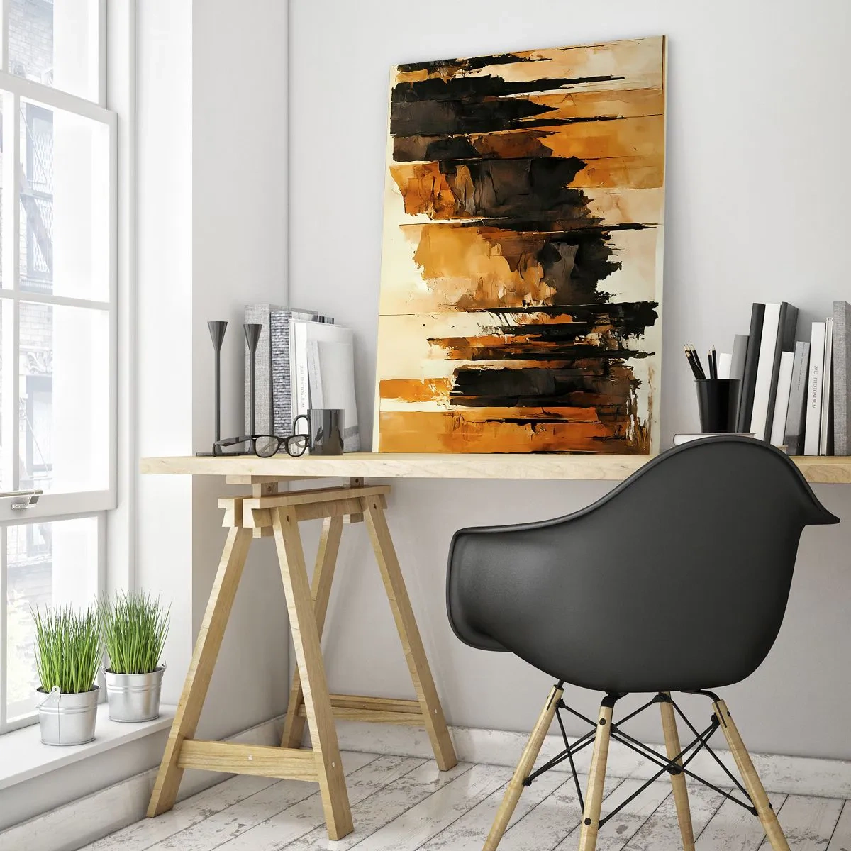 Quadro su vetro - Strisce astratte dorate e nere in una composizione artistica - 80x120cm - Armonia di nero e oro - Decorazione murale moderna per soggiorno e camera da letto ARTTOR