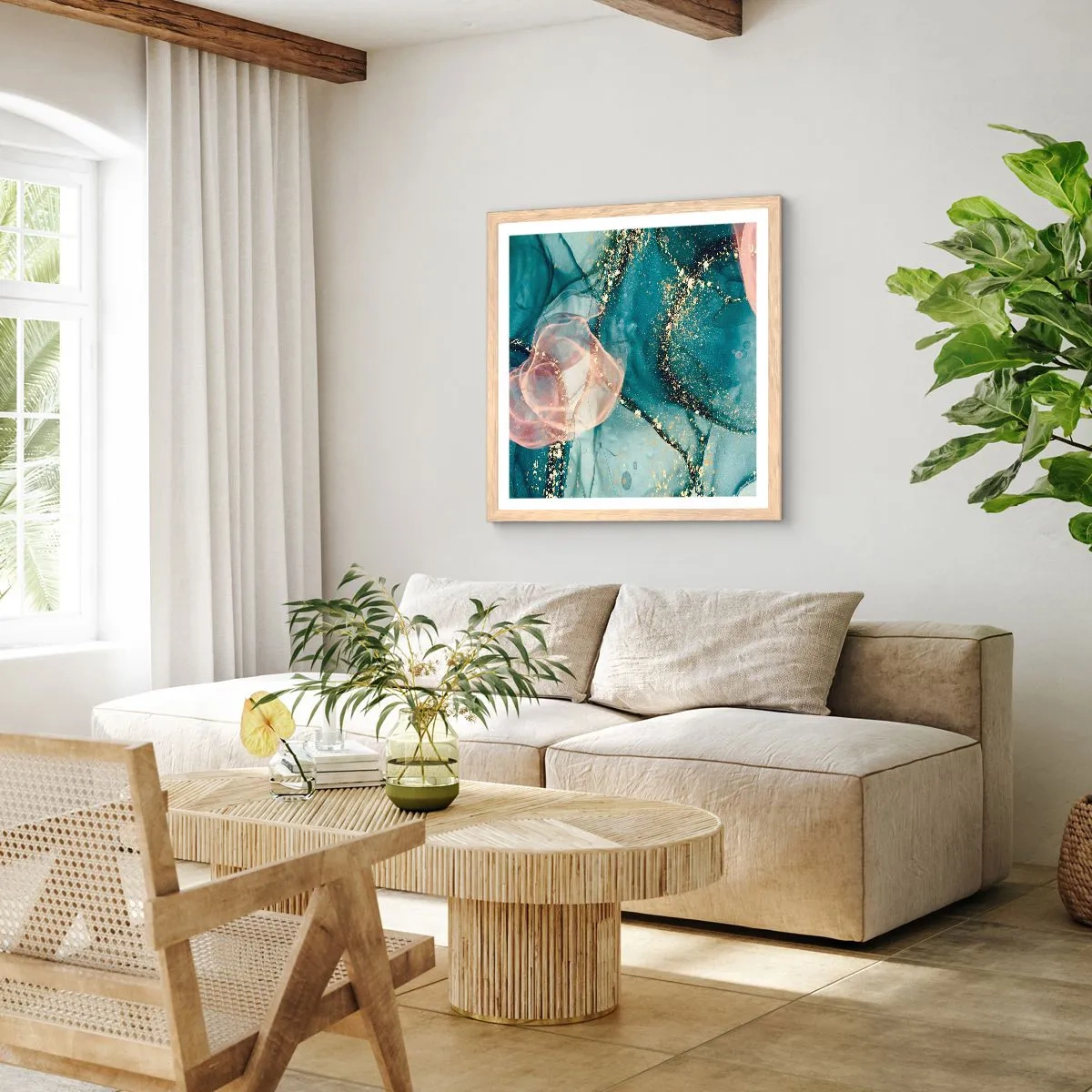 Poster in cornice rovere chiaro - Blu di seta, rosa di tulle - 60x60 cm