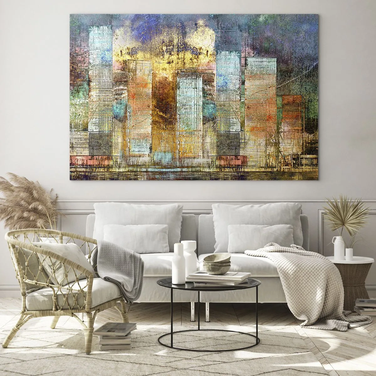 Quadro su vetro - Panorama astratto colorato dei grattacieli della città in stile artistico - 100x70cm - Metropoli nel sole - Decorazione murale moderna per soggiorno e camera da letto ARTTOR