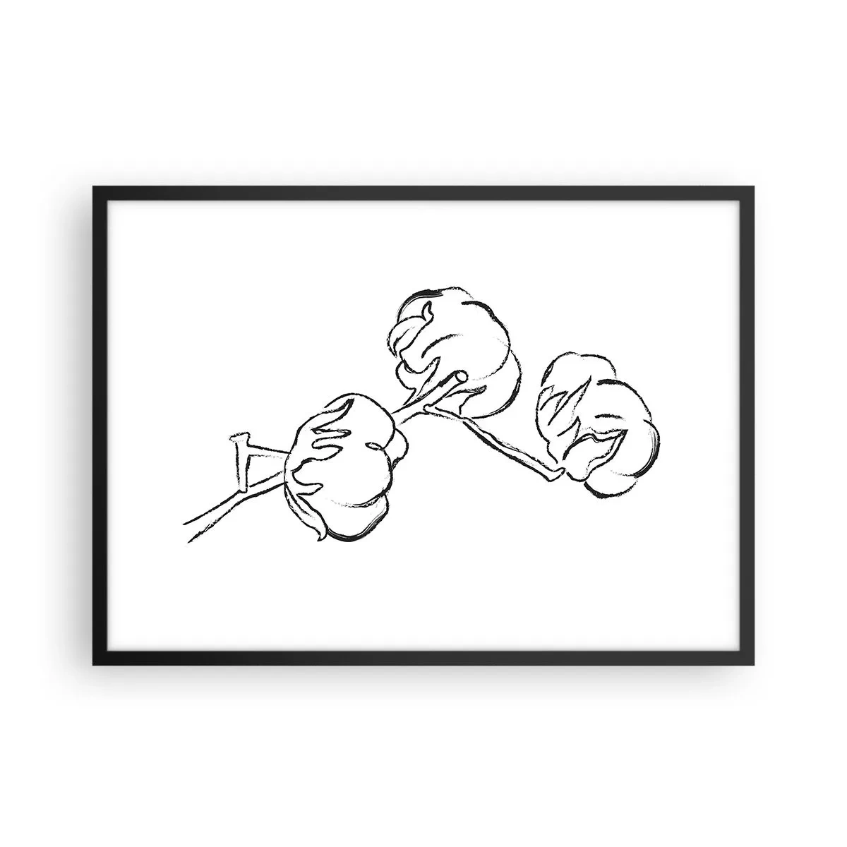 Poster in cornice nera - Un delicato contorno di un ramo di cotone su uno sfondo bianco - 70x50cm - Piumino di cotone - Decorazione murale moderna per soggiorno e camera da letto ARTTOR