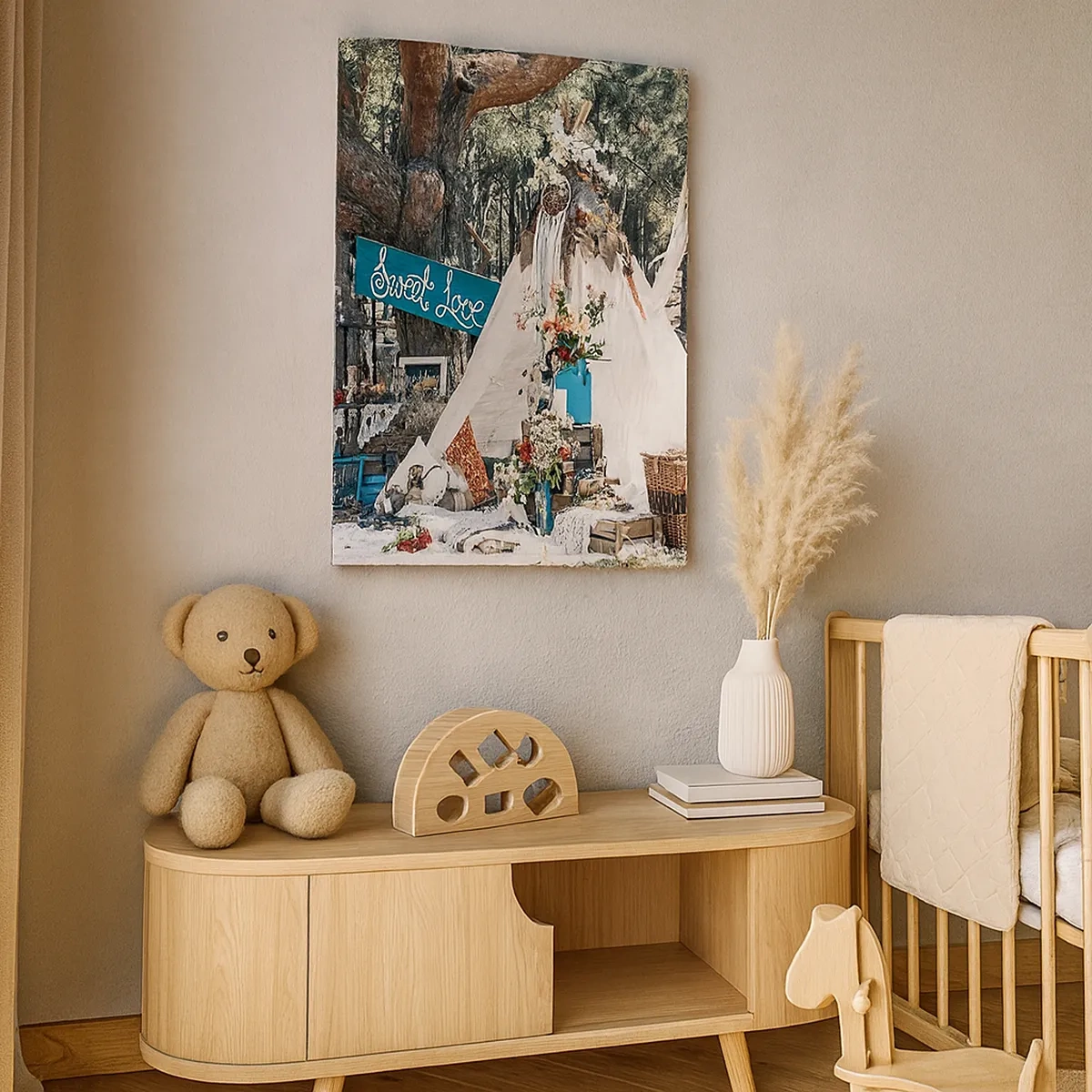 Quadro su tela - Stampe su Tela - Decorazione boho con un teepee nella foresta - 50x70cm - Make love... - Decorazione murale moderna per soggiorno e camera da letto ARTTOR
