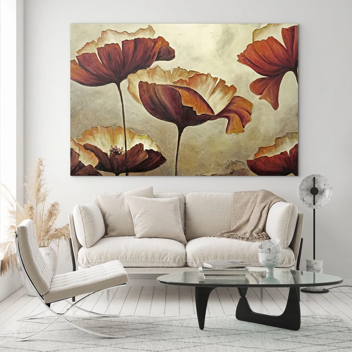 Quadro su vetro - Fiori di papavero nei toni del rosso e dell'oro su uno sfondo chiaro - 100x70cm - Nei prati e nei campi - Decorazione murale moderna per soggiorno e camera da letto ARTTOR