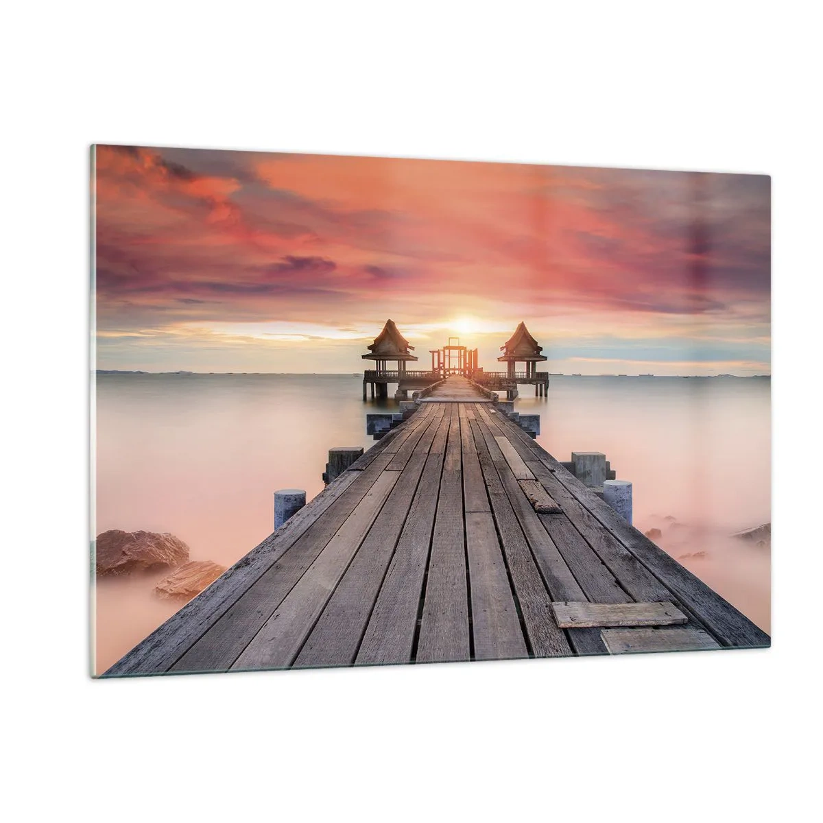 Quadro su vetro - Molo di legno che conduce ai gazebo in riva all'acqua al tramonto - 120x80cm - Tramonto d'oriente - Decorazione murale moderna per soggiorno e camera da letto ARTTOR