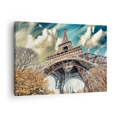 Quadro su tela - Stampe su Tela - La Torre Eiffel dal basso in un ambiente autunnale - 70x50cm - L'autunno a Parigi... - Decorazione murale moderna per soggiorno e camera da letto ARTTOR