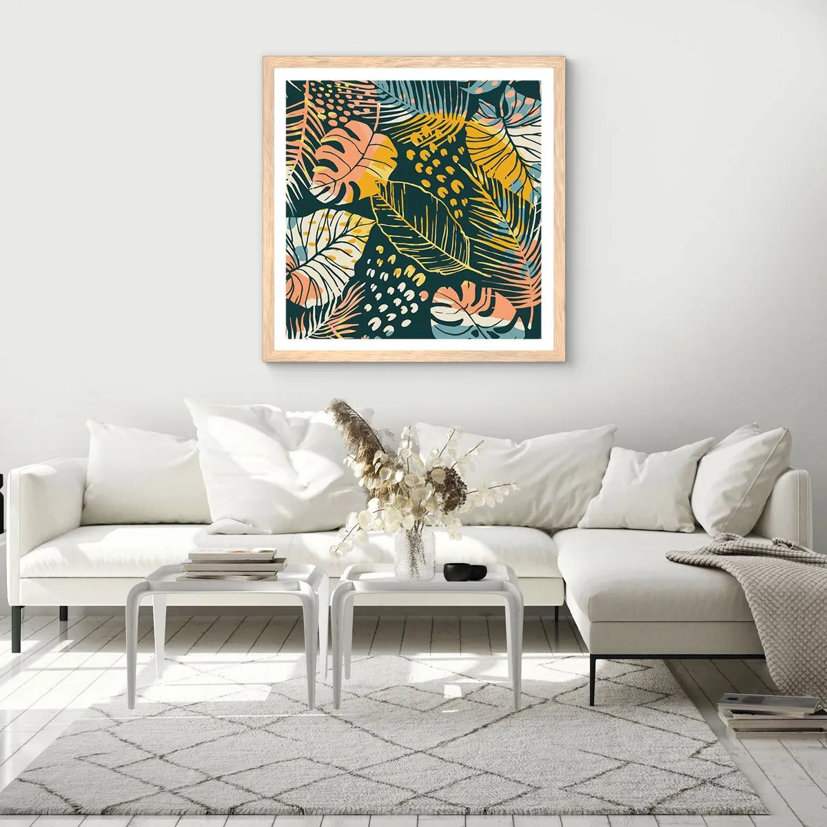 Poster in cornice rovere chiaro - Fantasia di foglie - 60x60 cm