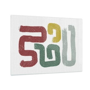 Quadro su vetro - Segni astratti colorati su sfondo bianco - 70x50cm - In una lingua sconosciuta - Decorazione murale moderna per soggiorno e camera da letto ARTTOR