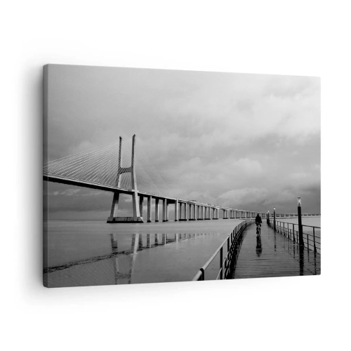 Quadro su tela - Stampe su Tela - Un ponte sospeso sull'acqua in bianco e nero - 70x50cm - A ciascuno ciò che gli spetta - Decorazione murale moderna per soggiorno e camera da letto ARTTOR