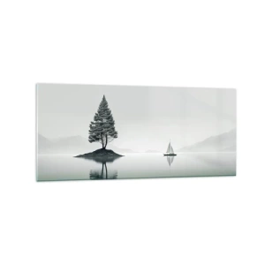 Quadro su vetro - Un paesaggio minimalista con un albero su un'isola e una barca a vela. - 120x50cm - Paesaggio onirico - Decorazione murale moderna per soggiorno e camera da letto ARTTOR