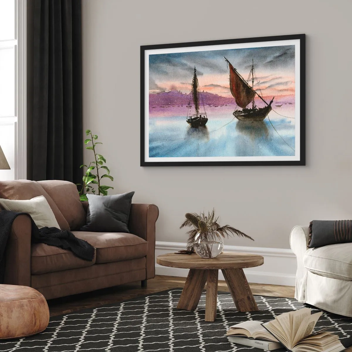 Poster in cornice nera - La sera nel porto - 91x61 cm