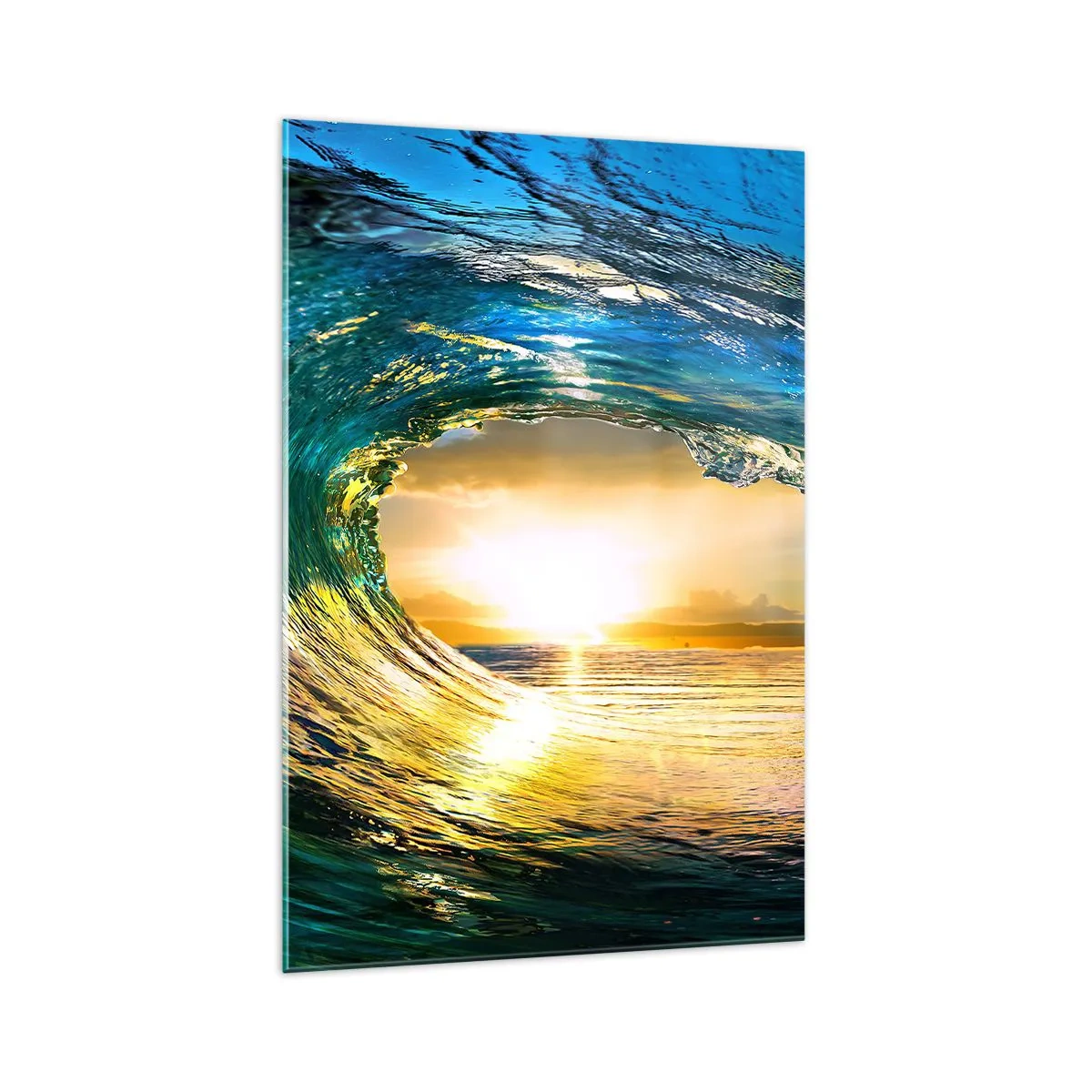 Quadro su vetro - Onda dell'oceano al sole con vista sull'orizzonte - 70x100cm - Nel cristallo oro e smeraldo - Decorazione murale moderna per soggiorno e camera da letto ARTTOR