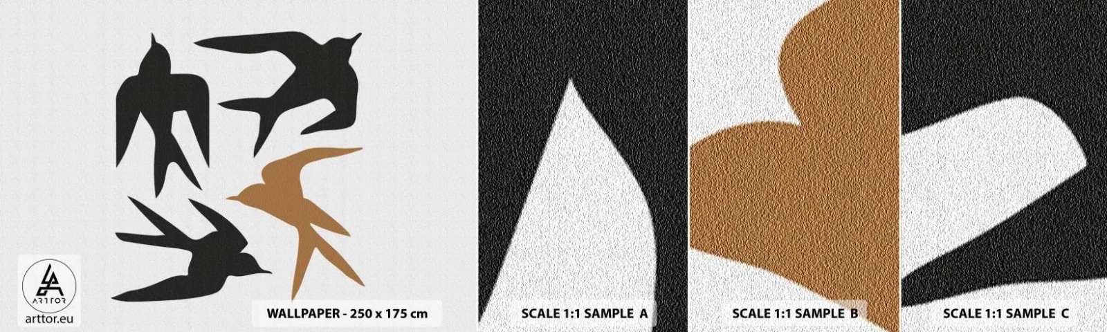 Campione Di Fotomurale Standard Eco - Giochi di rondini - Boho, Uccelli, Minimalismo - 100x30 cm