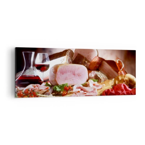 Quadro su tela - Stampe su Tela - Affettati con vino su sfondo rustico - 140x50cm - Sogno culinario con caraffa - Decorazione murale moderna per soggiorno e camera da letto ARTTOR