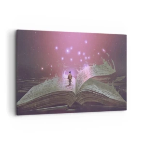 Quadro su tela - Stampe su Tela - Una figura cammina su un libro aperto in una luce magica. - 100x70cm - Invito ad un altro mondo: leggi! - Decorazione murale moderna per soggiorno e camera da letto ARTTOR