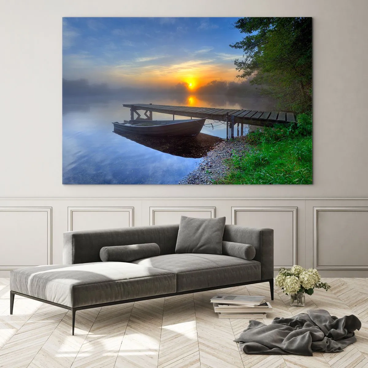 Quadro su vetro - Una barca al molo all'alba sul lago - 100x70cm - Come la normalità diventa magica - Decorazione murale moderna per soggiorno e camera da letto ARTTOR