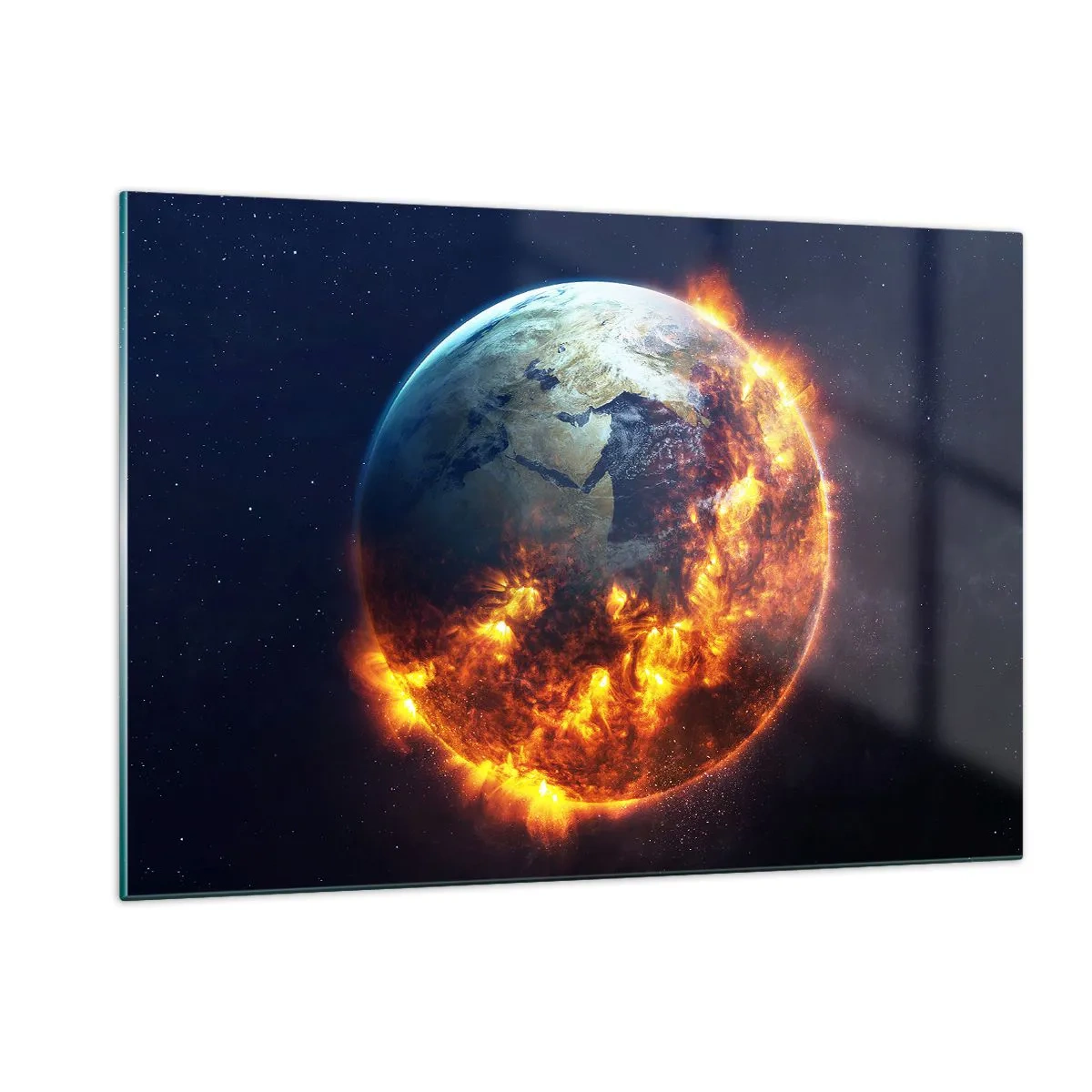 Quadro su vetro - La Terra circondata dalle fiamme nello spazio - 120x80cm - Le fiamme dell'apocalisse - Decorazione murale moderna per soggiorno e camera da letto ARTTOR