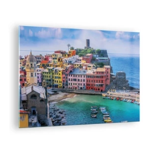 Quadro su vetro - Una colorata città mediterranea sul mare blu - 70x50cm - Magica cittadina mediterranea - Decorazione murale moderna per soggiorno e camera da letto ARTTOR
