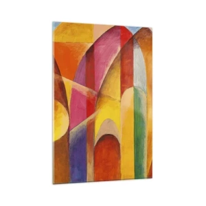 Quadro su vetro - Una composizione astratta ricca di forme geometriche colorate. - 80x120cm - La cattedrale del sole - Decorazione murale moderna per soggiorno e camera da letto ARTTOR