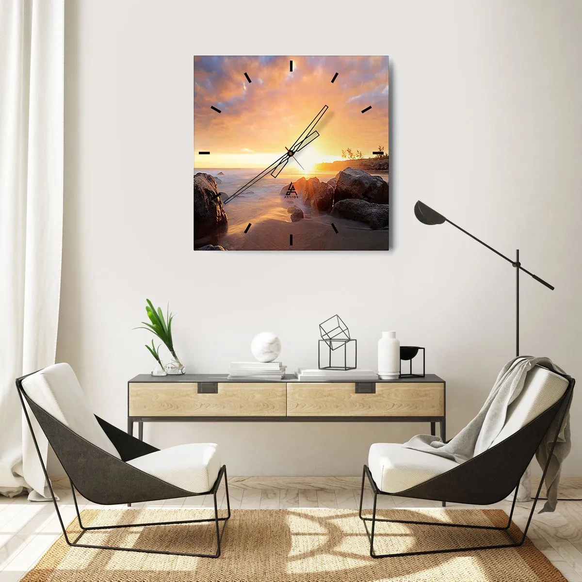 Orologio da parete - Orologio in Vetro - Tramonto sulla costa rocciosa - 30x30cm - La luminosa brezza della sera - Decorazione murale moderna per soggiorno e camera da letto ARTTOR
