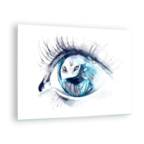 Quadro su vetro - Occhio di donna con motivo di gufo in stile acquerello - 70x50cm - Faccia a faccia con la natura selvaggia - Decorazione murale moderna per soggiorno e camera da letto ARTTOR