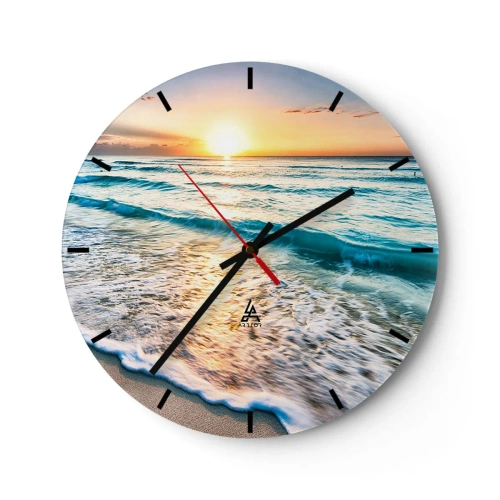 Orologio da parete - Orologio in Vetro - Tramonto sul mare con onde sulla riva - 30x30cm - Tramonto sul mare - Decorazione murale moderna per soggiorno, cucina e camera da letto ARTTOR