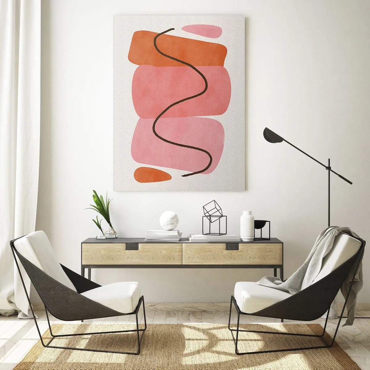 Quadro su vetro - Forme astratte in rosa e arancione con una linea nera - 50x70cm - Il delicato movimento delle forme - Decorazione murale moderna per soggiorno e camera da letto ARTTOR