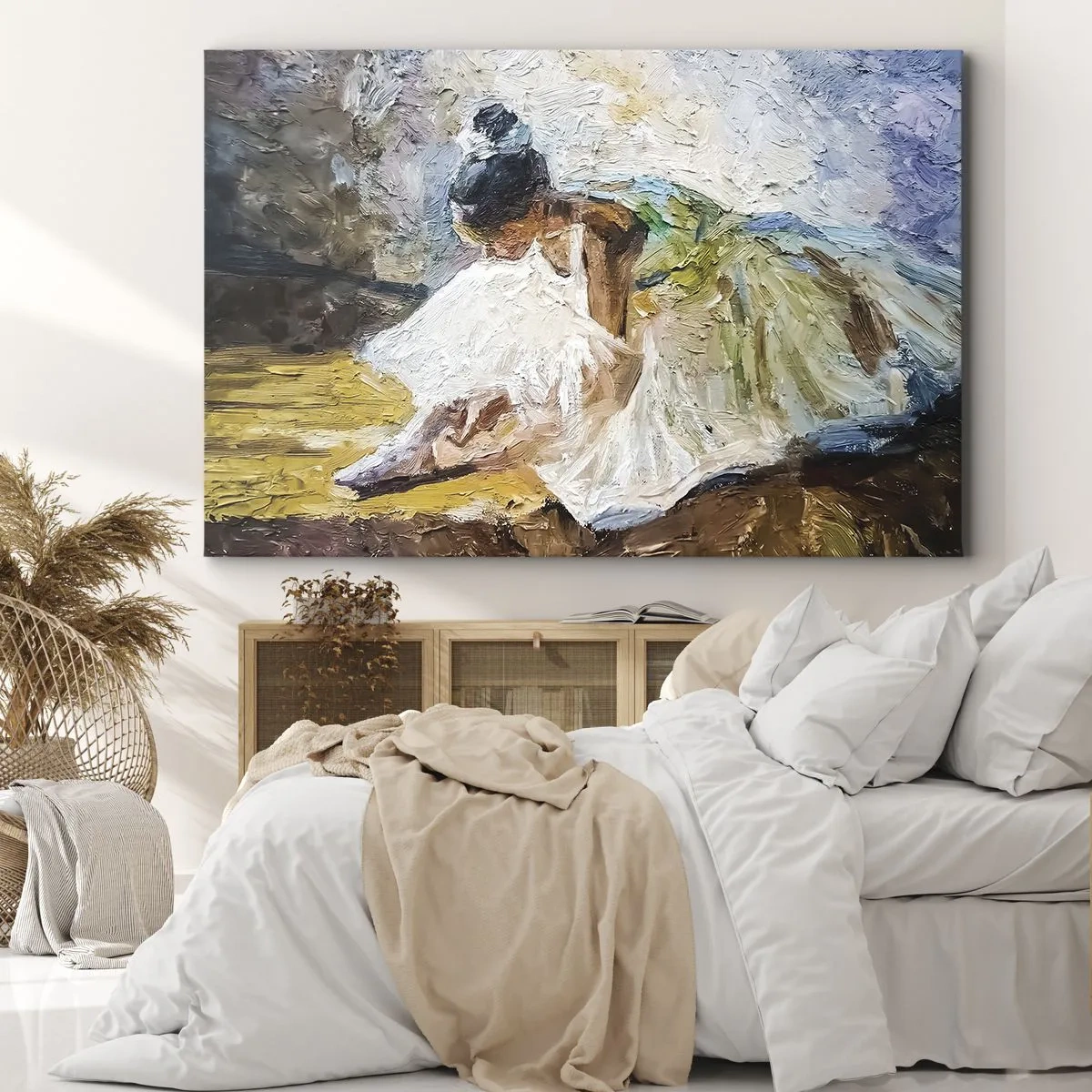 Quadro su tela - Stampe su Tela - Una ballerina in abito bianco in stile pittorico su uno sfondo impressionista. - 70x50cm - Dal quadro di Degas - Decorazione murale moderna per soggiorno e camera da letto ARTTOR