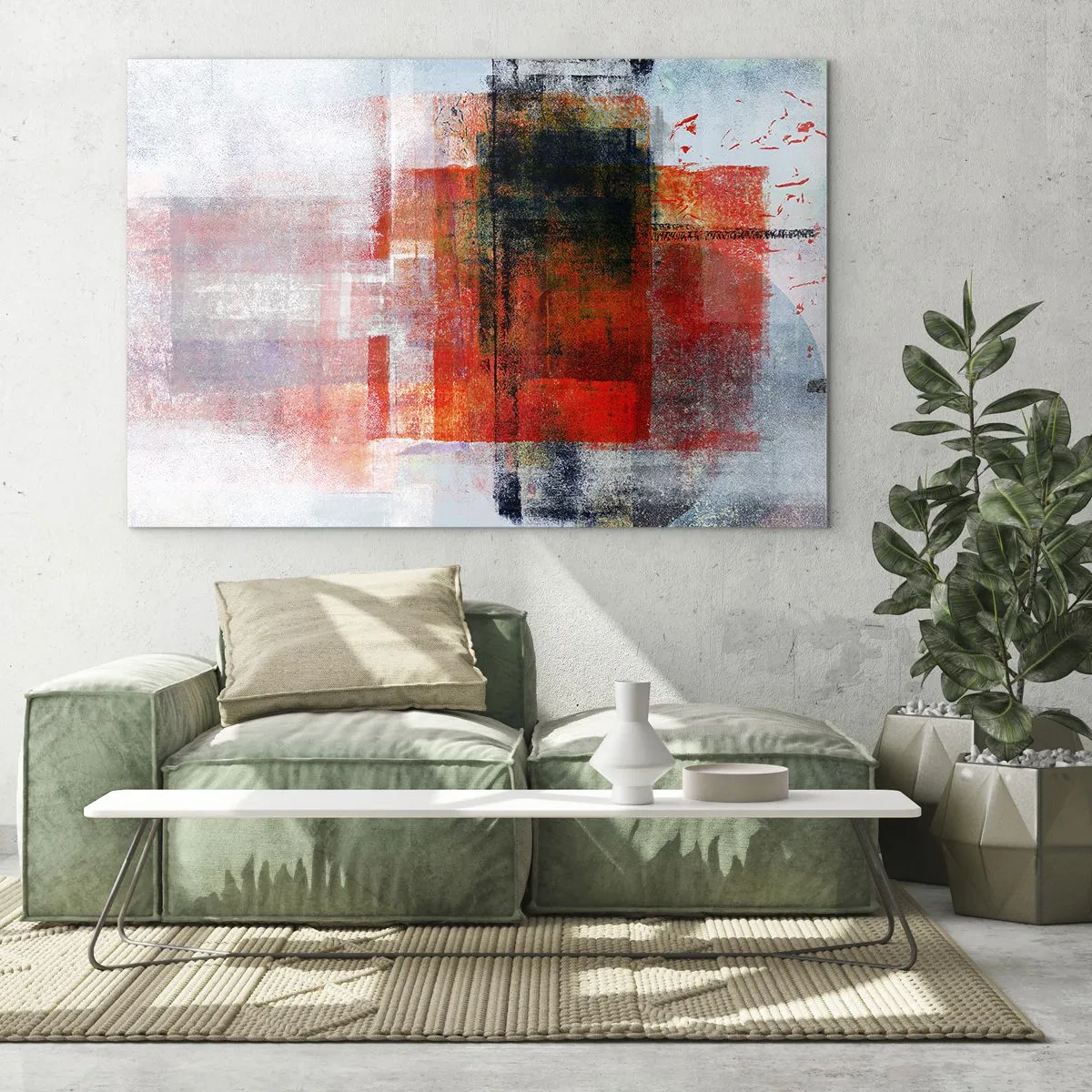 Quadro su vetro - Astrazione geometrica in intense tonalità di rosso e nero. - 70x50cm - Composizione arroventata - Decorazione murale moderna per soggiorno e camera da letto ARTTOR