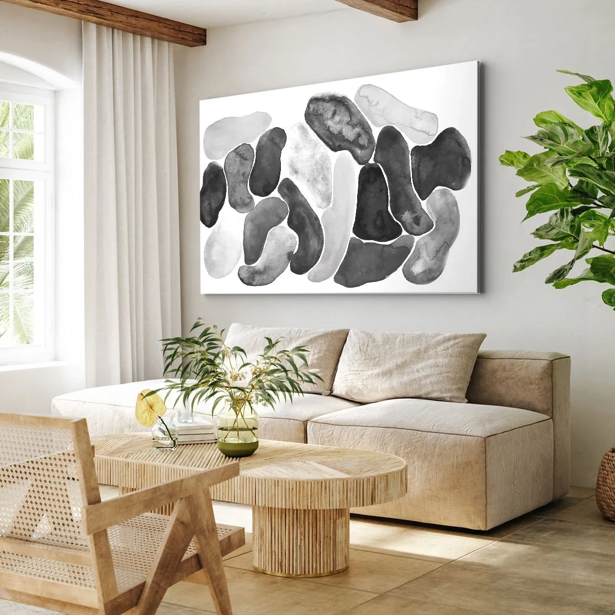 Quadro su tela - Stampe su Tela - Astrazione in bianco e nero con macchie irregolari su sfondo bianco - 70x50cm - Astrazione rocciosa - Decorazione murale moderna per soggiorno e camera da letto ARTTOR