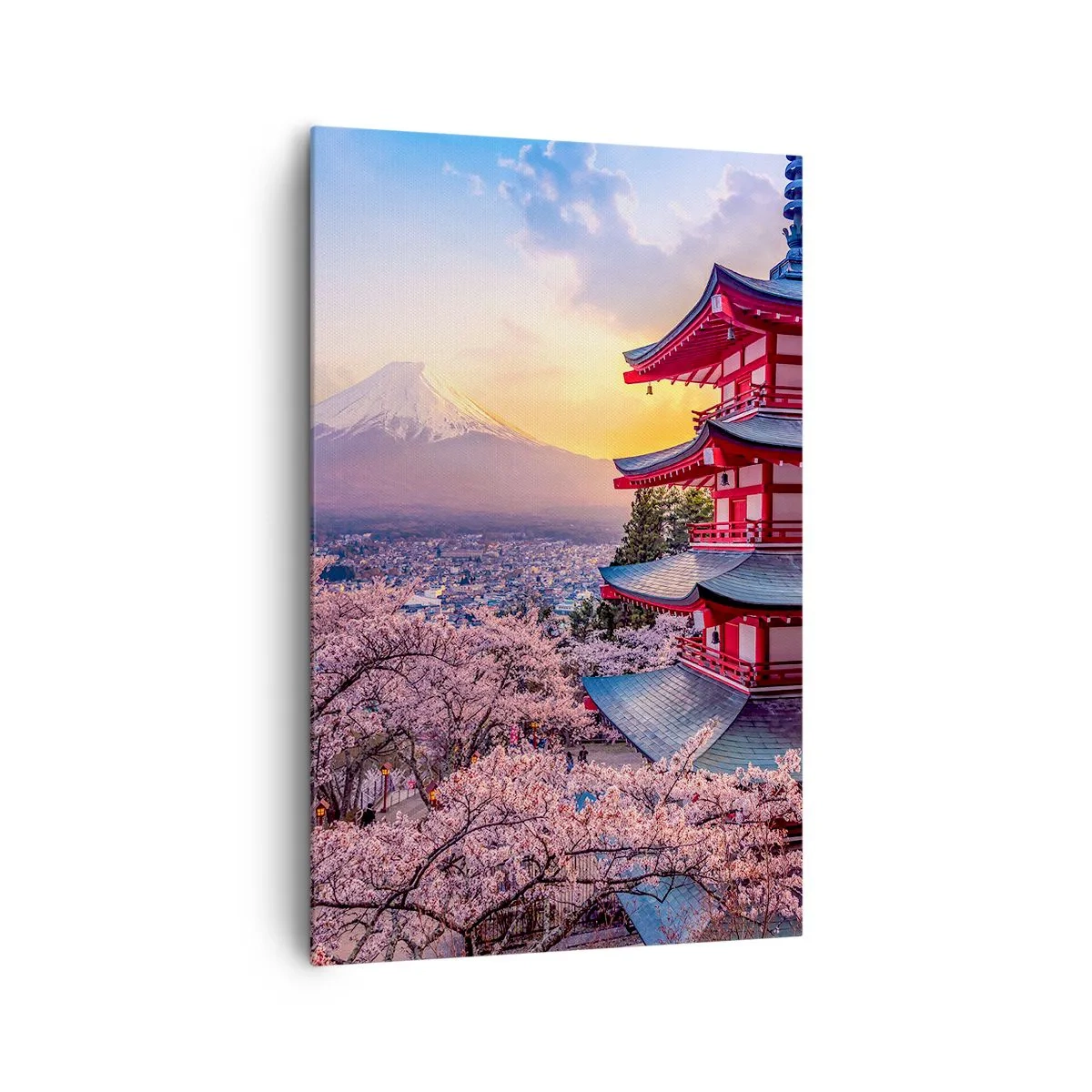 Quadro su tela - Stampe su Tela - Una pagoda in Giappone con fiori di ciliegio e il Monte Fuji - 80x120cm - L'essenza dell'anima giapponese - Decorazione murale moderna per soggiorno e camera da letto ARTTOR