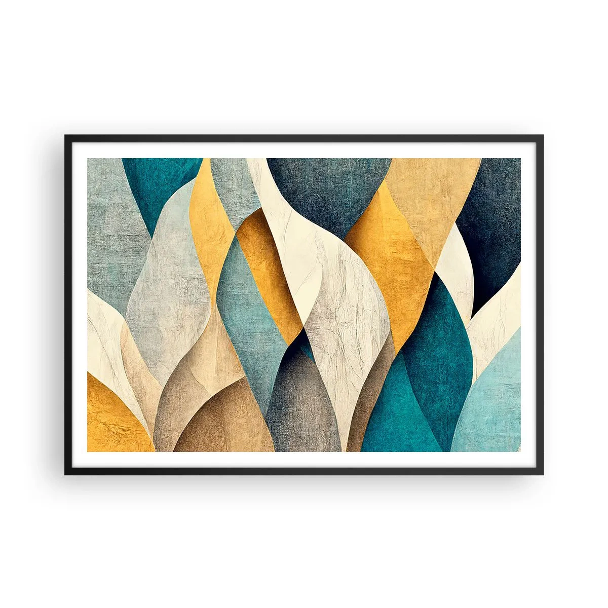 Poster in cornice nera - Onde astratte nei toni del blu e dell'oro - 100x70cm - Ritmo e ondulazioni - Decorazione murale moderna per soggiorno e camera da letto ARTTOR