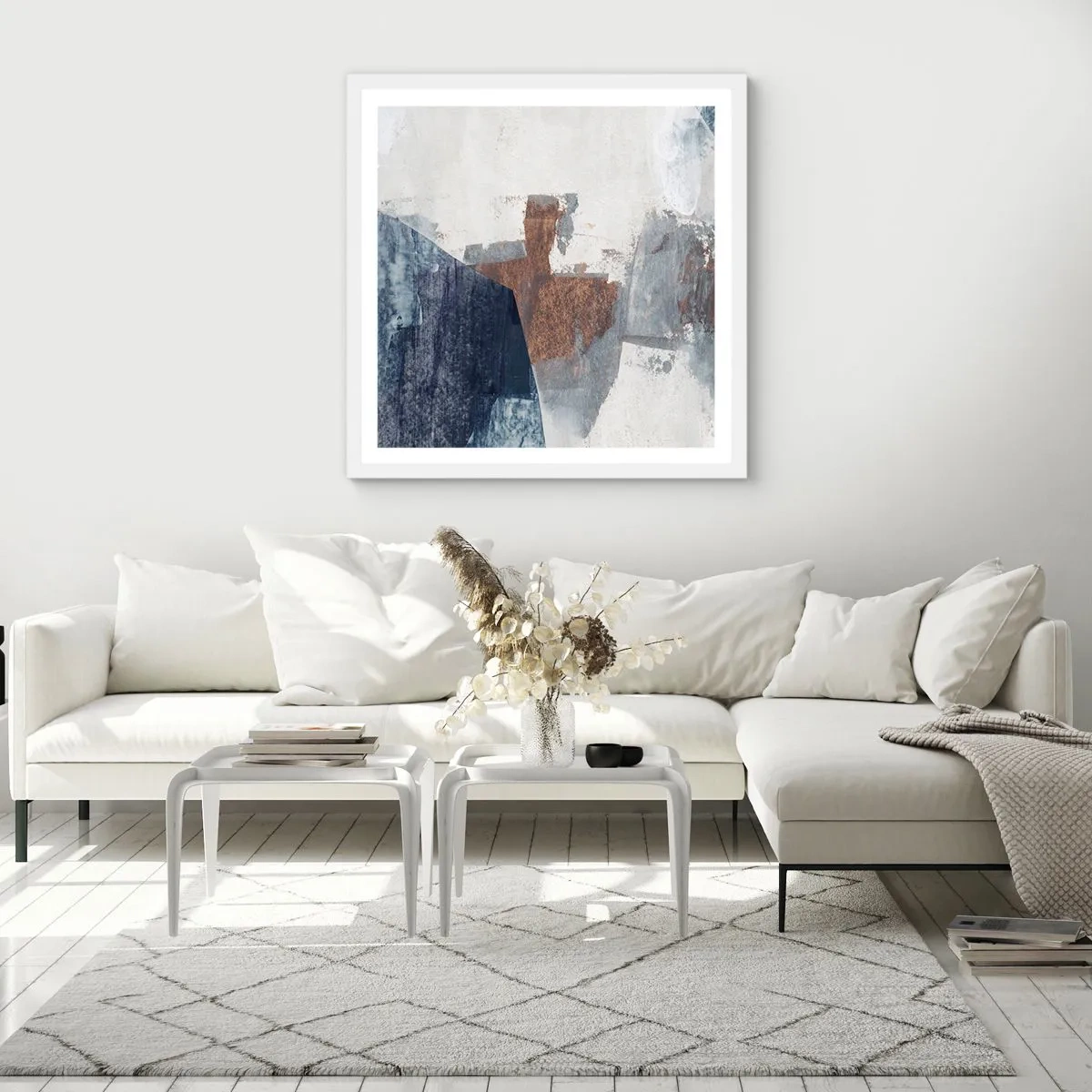 Poster in cornice bianca - Forme blu e marroni - 60x60 cm