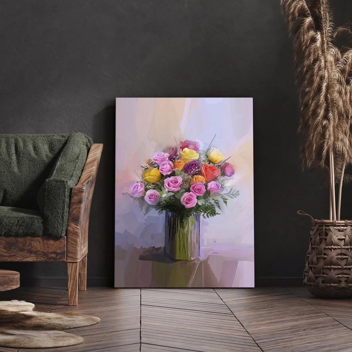 Quadro su tela - Stampe su Tela - Un mazzo di rose colorate in un vaso di vetro - 50x70cm - Bellezza immobile - Decorazione murale moderna per soggiorno e camera da letto ARTTOR
