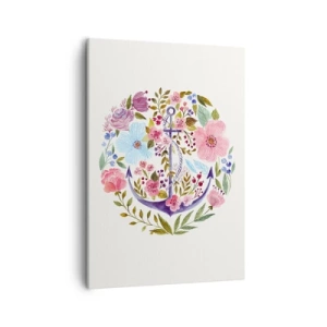 Quadro su tela - Stampe su Tela - Un'ancora circondata da fiori acquerellati su uno sfondo chiaro - 50x70cm - Il bel sogno del marinaio - Decorazione murale moderna per soggiorno e camera da letto ARTTOR