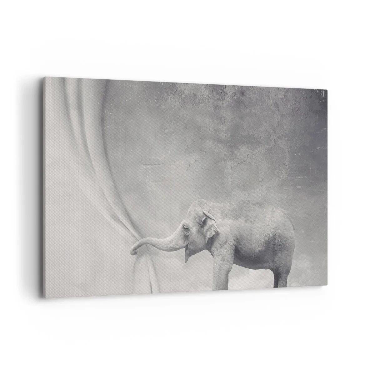 Quadro su tela - Stampe su Tela - Un elefante che scosta la tenda in una surreale ripresa in bianco e nero - 120x80cm - Svelare il mistero - Decorazione murale moderna per soggiorno e camera da letto ARTTOR