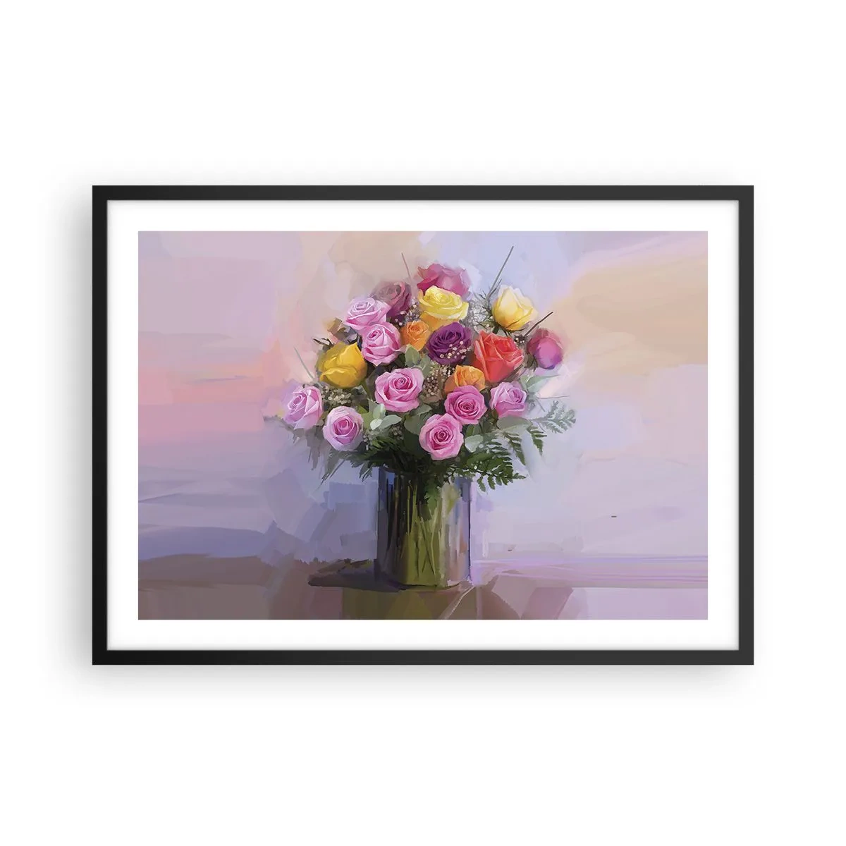 Poster in cornice nera - Un mazzo di rose colorate in un vaso di vetro - 70x50cm - Bellezza immobile - Decorazione murale moderna per soggiorno e camera da letto ARTTOR