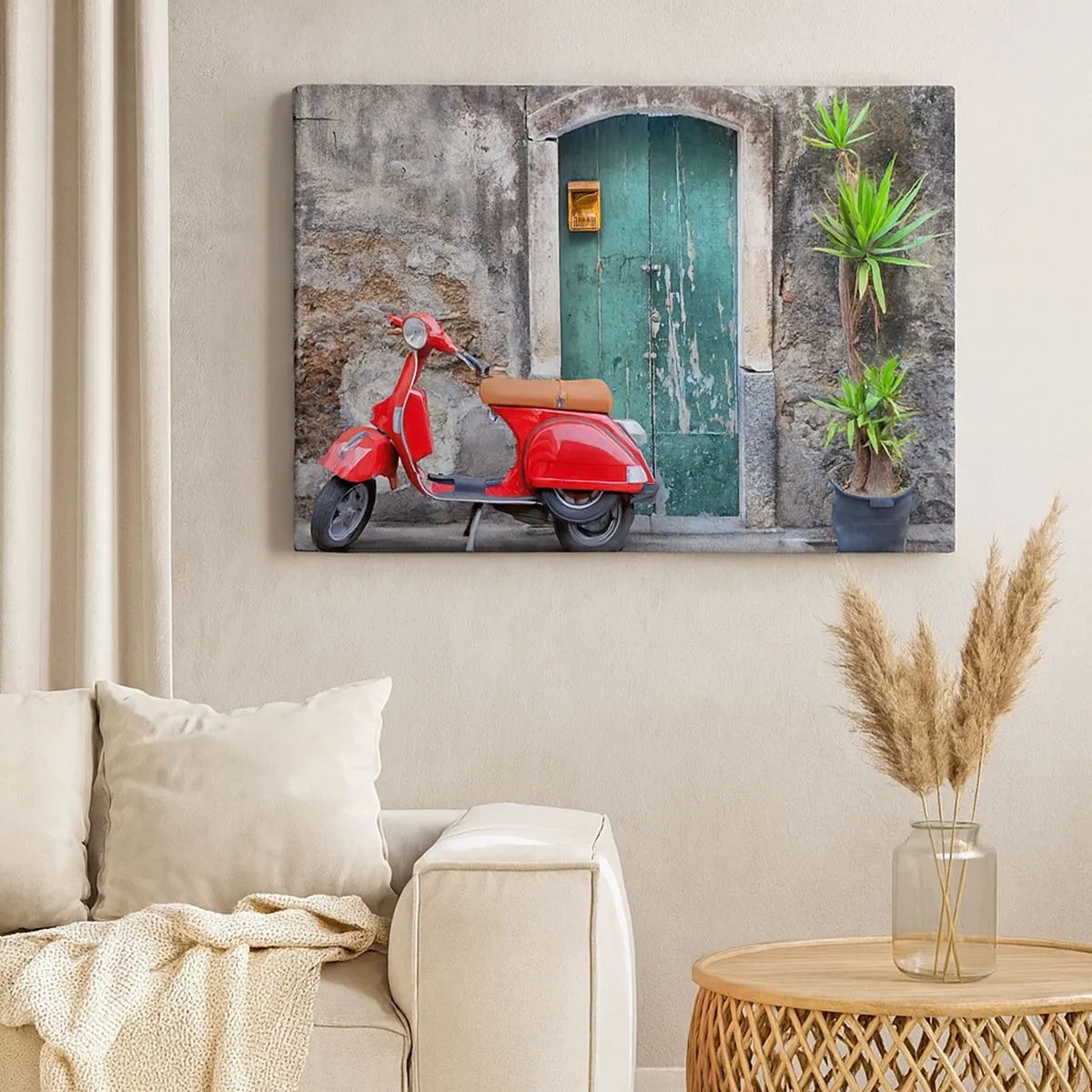Quadro su tela - Stampe su Tela - Scooter rosso vicino alla porta verde - 70x50cm - Vacanze italiane - Decorazione murale moderna per soggiorno e camera da letto ARTTOR