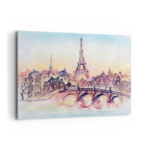 Quadro su tela - Stampe su Tela - Panorama acquerello di Parigi con la Torre Eiffel al tramonto - 100x70cm - L'unica città così al mondo - Decorazione murale moderna per soggiorno e camera da letto ARTTOR