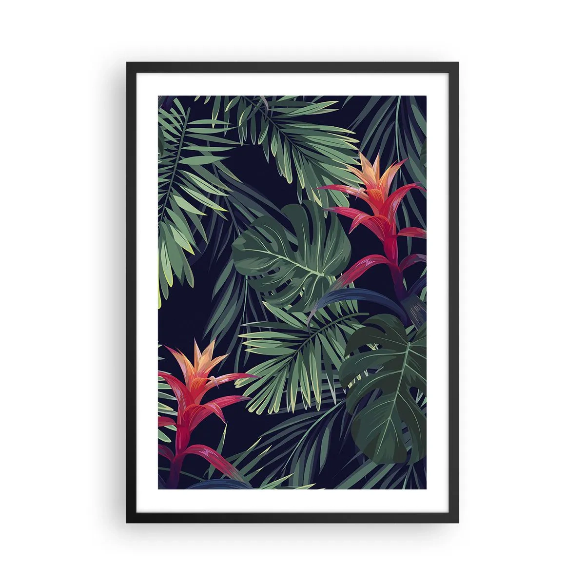 Poster in cornice nera - Foglie e fiori tropicali su sfondo scuro - 50x70cm - Fiammante nel verde - Decorazione murale moderna per soggiorno e camera da letto ARTTOR